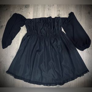 Black off shoulder mesh sleeve flounce dress